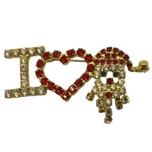 VINTAGE I Love Santa Christmas brooch pin with Rhinestones